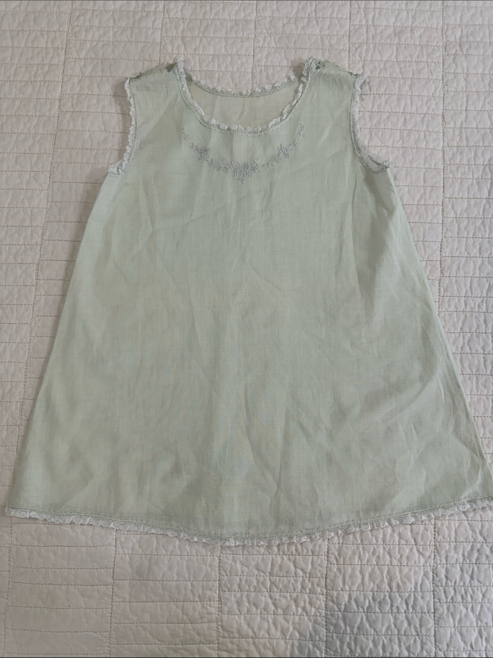 Vintage Handmade Embroidered 6-9 mo Baby Sleep Gown Mint Sleeveless Lace-Trim